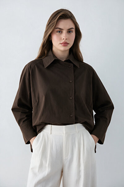 Trendyol Collection Dark Brown Closure Detailed 100% Cotton Woven Shirt Twoss...