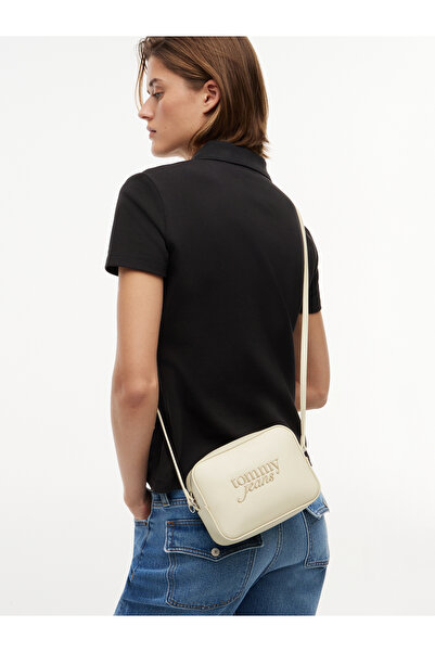 Tommy Hilfiger Women's Beige Shoulder Bag with Embossed Logo and Removable Sh...