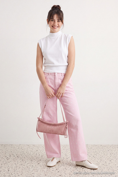 Trendyol Collection Pink Wide Leg Regular Waist Polka Dot Patterned 100% Cott...
