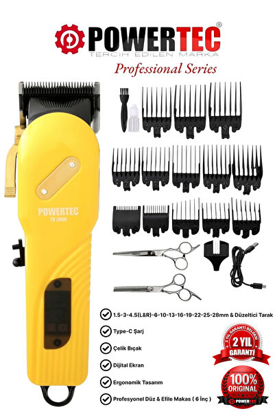 POWERTEC TR-3000 Profesyonel Şarjlı Saç Sakal Tıraş Makinesi | Makas Hediyeli