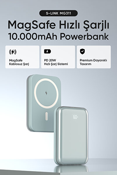 S-LINK MG311 10000mAh PD20W Magsafe 15W Kablosuz Type-C Mavi Taşınabilir Meta...