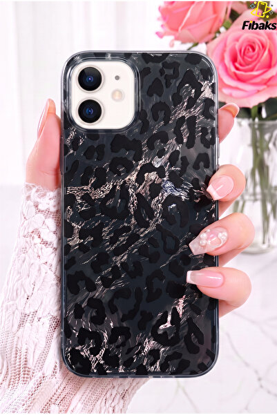 Fibaks iPhone 11 Kılıf Hologramlı Siyah Leopar Desenli Darbe Emici Kamera Kor...