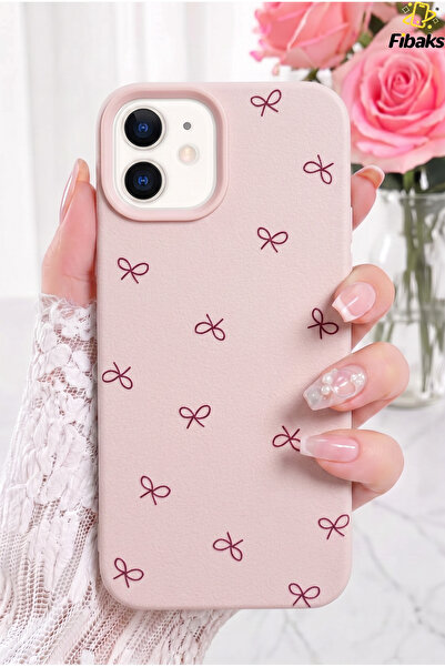 Fibaks iPhone 11 Kılıf Çizgi Fiyonk Desenli Yumuşak Silikon Telefon Kılıfı Pembe