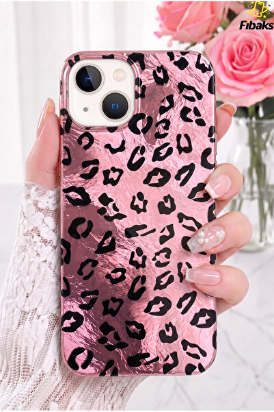 Fibaks iPhone 13/14/15 Kılıf Hologramlı Pembe Leopar Desenli Darbe Emici Kame...