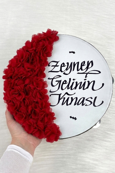 ZEYMERADE Kırmızı Gelin Tefi 30 Cm, Kaligrafi Ve Lazer Çiçek Süslemeli, Düğün...