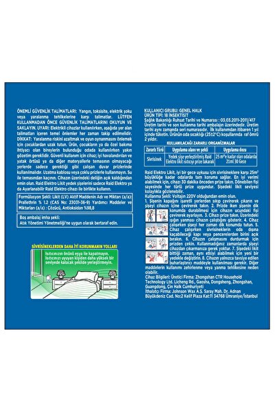 Raid Elektro Likit Cihaz ve 2 Yedek Likit Şişe 60 Gecelik Ekonomik Paket