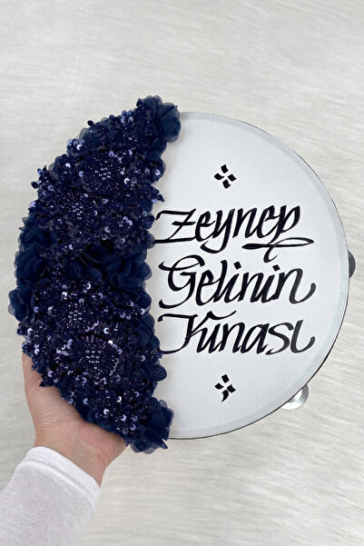 ZEYMERADE Lacivert Gelin Tefi 30 Cm, Kaligrafi Ve Vip Aplik Süslemeli, Düğün ...