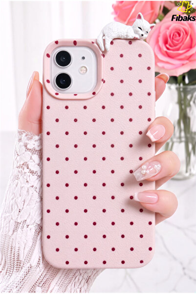 Fibaks iPhone 12 / 12 Pro Kılıf 3D Kedi Pembe Puantiye Noktalı Figürlü Kamera...