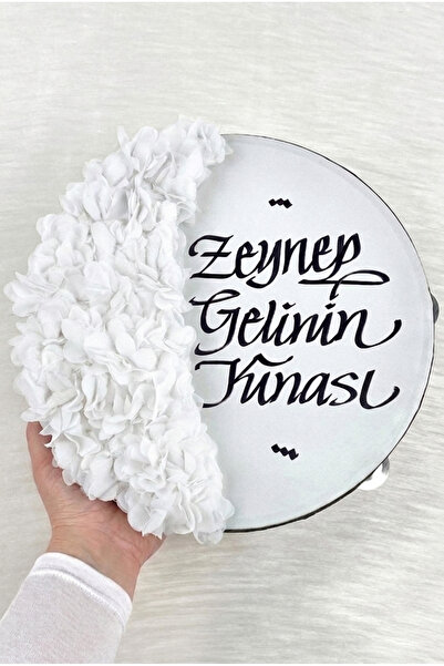 ZEYMERADE Beyaz Gelin Tefi 30 Cm, Kaligrafi Ve Lazer Çiçekli Süslemeli, Düğün...