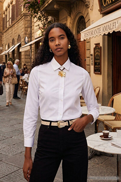 Tudors Kadın Slim Fit Dar Kesim Vücuda Oturan Uzun Kollu Beyaz Basic Gömlek