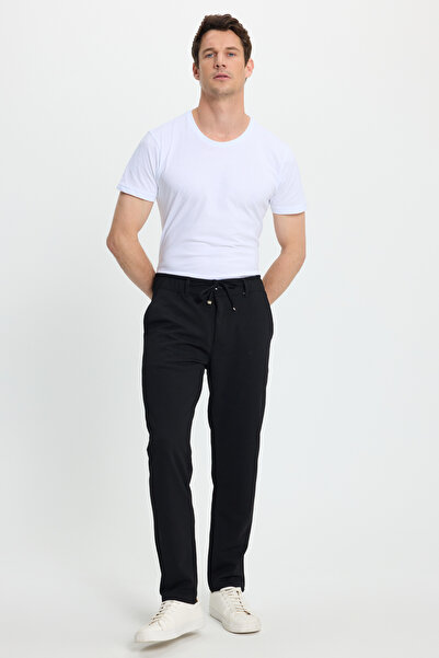 Tudors Erkek Slim Fit Dar Kesim Beli Lastikli Bağcık Detaylı Siyah Pantolon