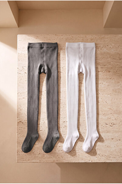 Katia&Bony Girl's Gray and White Colored Patterned 2-Piece Pantyhose