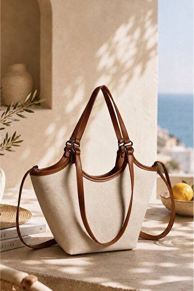 Rimense Women's Linen Tan Faux Leather Hand and Shoulder Bag