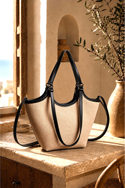 Rimense Women's Straw Black Faux Leather Hand and Shoulder Bag