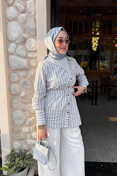 LOCCO Kadın Yan Yaka Detay Bel Kemerli Gömlek Mavi