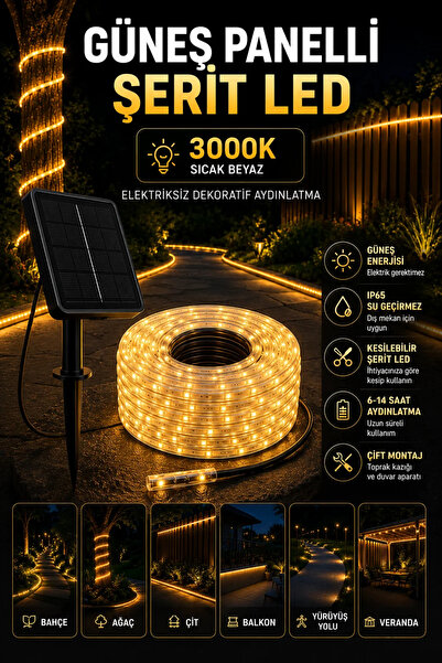 Merwish Güneş Enerjili 3000K Şerit LED Işık – Kumandalı, IP65 Su Geçirmez Bah...