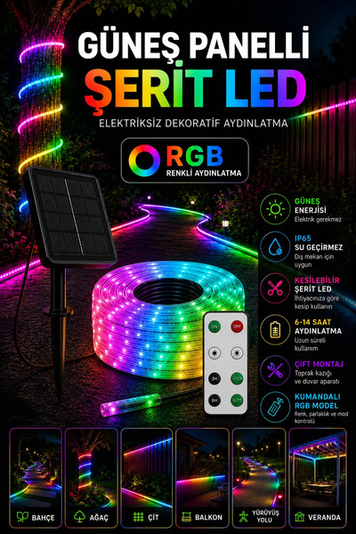 Merwish Güneş Panelli RGB Şerit LED 5 Metre Kumandalı Dış Mekan Aydınlatma IP...
