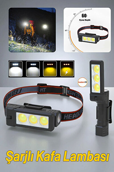 Badem10 3 LED Kafa Feneri Kafa Lambası 10W Uzun Menzil Usb Şarjlı Ledli Işık ...