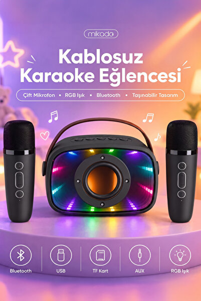 Mikado MD-57BT Endless 5W Siyah TF + USB + AUX + BT Destekli 2 Wireless Karao...