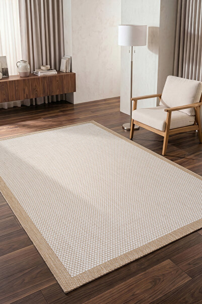 Koza Halı Fresco Ekru Natural Iskandinav Yıkanabilir Bordürlü Halı Kilim Balk...
