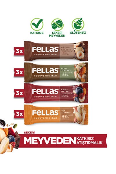 Fellas Kuruyemiş Bar (30 g) Karma Kutu - 12 Adet (4 Çeşit)