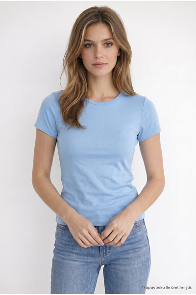 Tudors Tricou albastru pentru femei, slim fit, 100% bumbac, cu mânecă scurtă ...