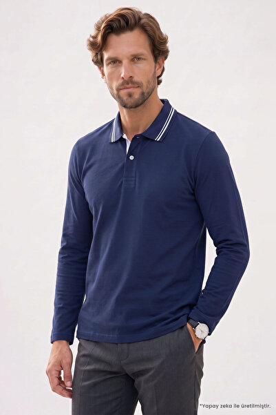 Tudors Men's Slim Fit 100% Cotton Long Sleeve Navy Blue Polo Collar T-Shirt