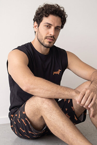 Pijamaevi Black Dasch Printed Men's Pajama Set with Zero Sleeve Shorts