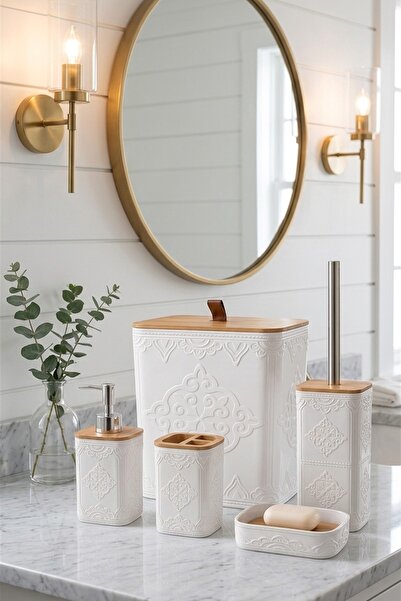 MAKRİ HOME طقم حمام أبيض مكون من 5 قطع بتفاصيل من الخشب الطبيعي، 21 × 19 × 25 سم