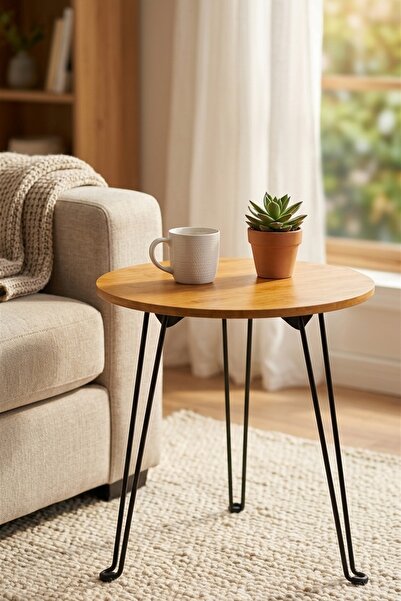 MAKRİ HOME Bambu Katlanabilir Sehpa, 42 cm Çap, 47 cm Yükseklik, Metal 3 Ayaklı
