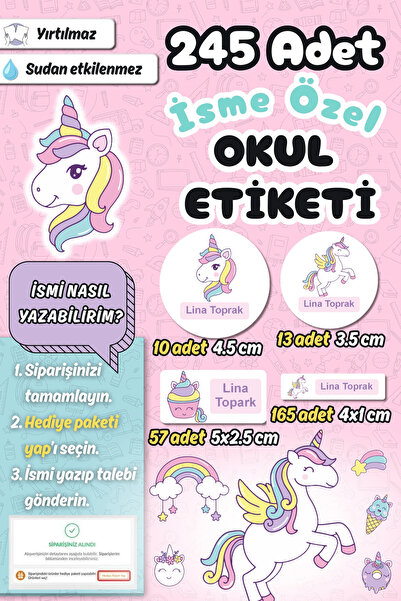 Sticker Ekspres Okul Etiketi Şirin Unicorn Kalem Defter Etiketi Özel İsim Yaz...