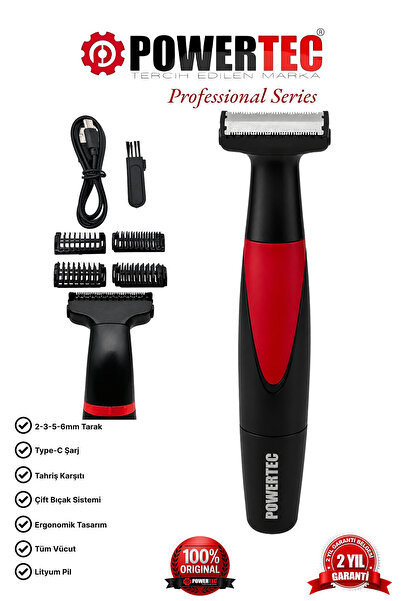 POWERTEC TR-655 Vücut Tıraş Makinesi (Body Groom) Çift Bıçak - Sıfıra Yakın K...