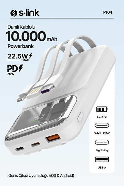 S-LINK P104 10000mAh PRM Dahili Kablolu HSC22.5W+PD20W Beyaz LCD Powerbank