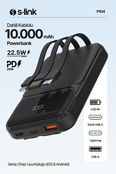 S-LINK P104 10000mAh PRM Dahili Kablolu HSC22.5W+PD20W Siyah LCD Powerbank