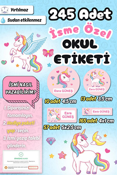 Sticker Ekspres Okul Etiketi Unicorn Kalem Defter Etiketi Özel İsim Yazılabil...
