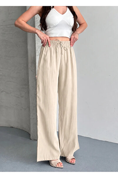 Ruby Wear Kadın Tencel Kumaş Yüksek Bel Bol Paça Beli Lastikli Salaş Pantolon