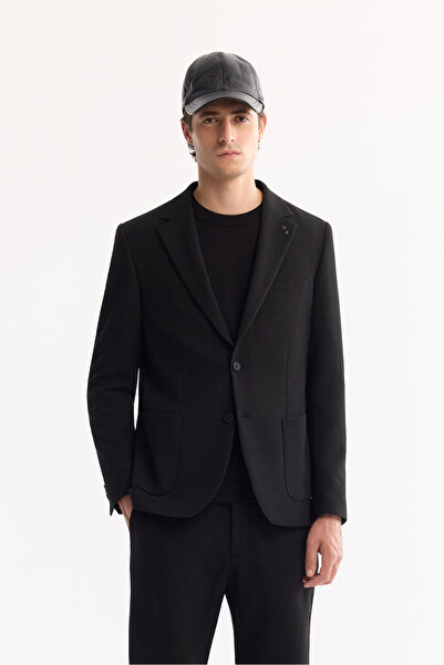 Avva Men's Black Mono Collar Bi-Stretch Lightweight Textured Blazer Comfort S...