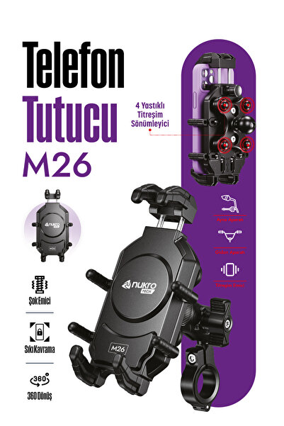 Nukrotech M26 TİTREŞİM MODULLÜ UNIVERSAL MOTOSİKLET TELEFON TUTUCU (AYNA VE G...