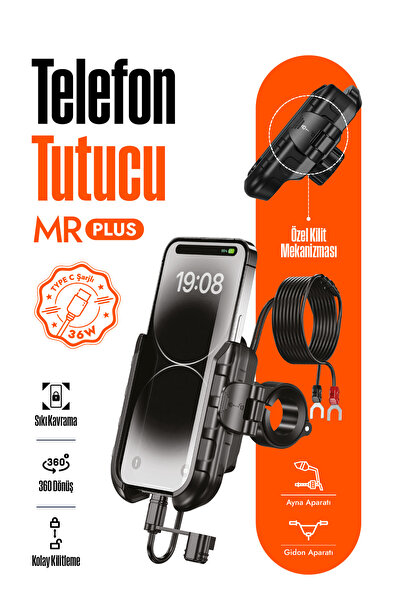 Nukrotech MR PLUS USB-C Şarjlı Klipsli Motosiklet Telefon Tutucu
