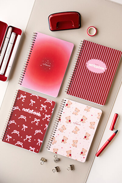 PAPERORA A5 Spiralli Karton Kapak 4'lü Set Çizgili Okul Defteri 80 yaprak - D...