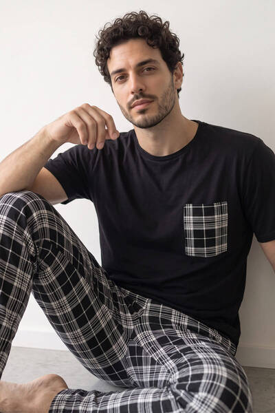 Pijamaevi Black and White Plaid Pattern Pocket Detailed Short Sleeve Men's Pa...