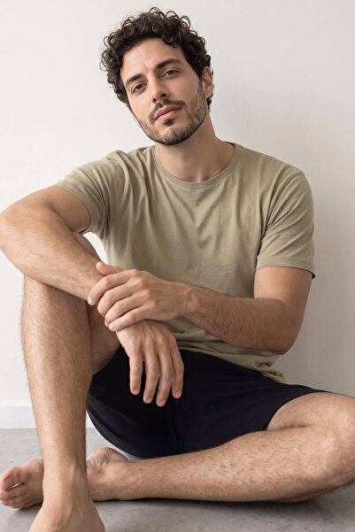 Pijamaevi Khaki Top Black Bottom Men's Pajama Set with Shorts
