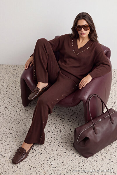 Trendyol Collection Brown Wide Fit Stone Detailed Knitwear Top and Bottom Set...
