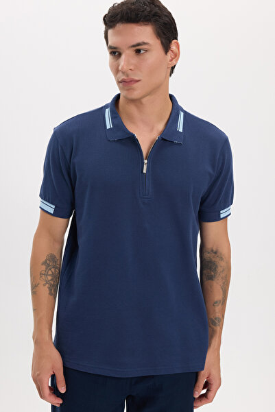 Tudors Men's slim fit 100% cotton short sleeve navy blue polo collar t-shirt ...