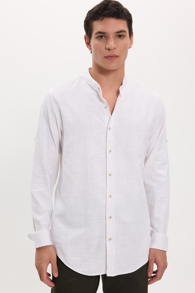Tudors Men's Slim Fit Slim Fit Long Sleeve 100% Cotton Linen Texture Striped ...