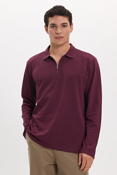 Tudors Men's Standard Fit Regular Cut Cotton Long Sleeve Zippered Claret Red ...