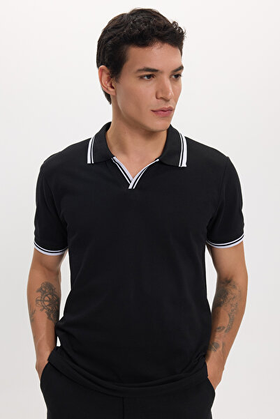 Tudors Men's Slim Fit 100% Cotton Striped Detailed V-Neck Black Polo Neck T-S...