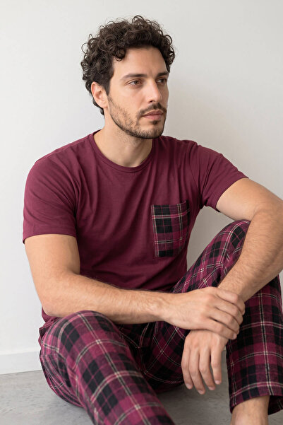 Pijamaevi Bordo Ekose Desen Cep Detaylı Kısa Kol Erkek Pijama Takımı