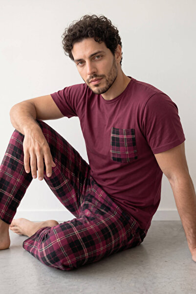 Pijamaevi Bordo Ekose Desen Cep Detaylı Kısa Kol Erkek Pijama Takımı