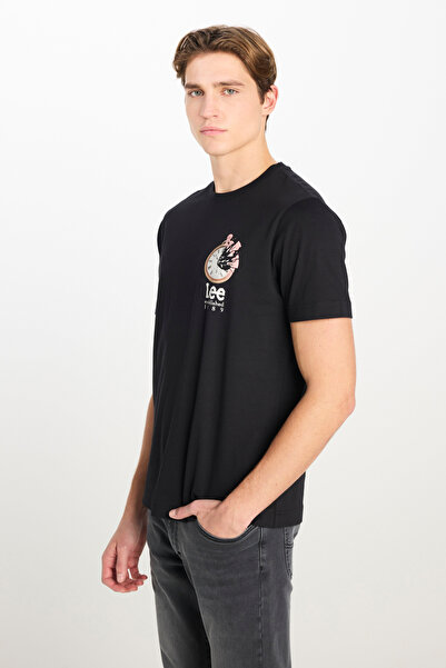 Lee 100% Cotton Regular Fit Regular Cut Crew Neck Printed Black T-Shirt